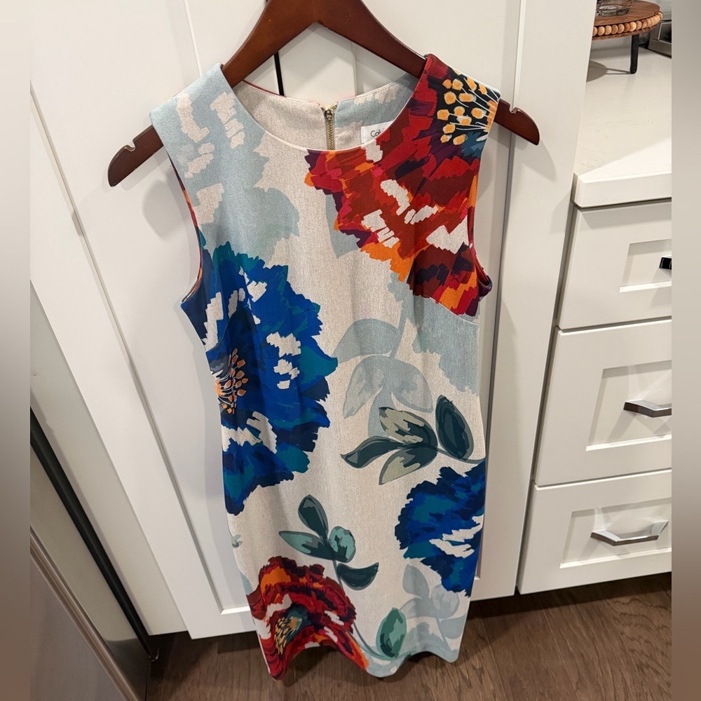 Calvin Klein Cream Floral Sheath Dress with Blue and Red Blooms